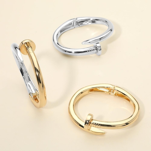 Silver Nail Screw Shaped Cuff Bracelet Hinged Fashion Statement Jewelry - Picture 3 of 4